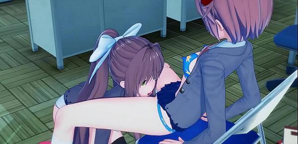  Sayori strapon fucks Monika until she orgasms - Doki Doki Literature Club Hentai.